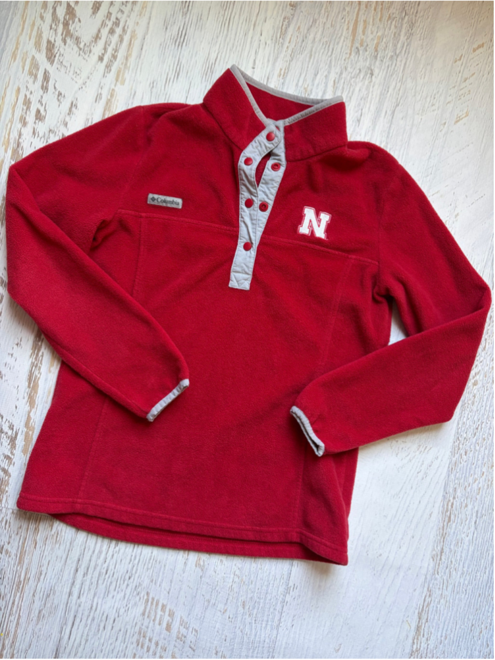 Unisex Columbia Nebraska Fleece Pullover Sweatshirt Red Grey Size M